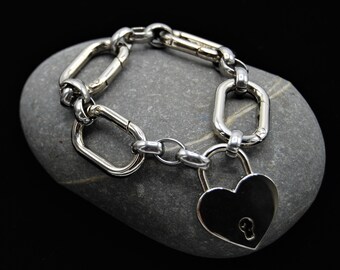 Silver Bracelet Heart Padlock, Statement Bracelet, Chunky Bracelet, Link Chain Bracelet, Gift For Her, Large Link Bracelet