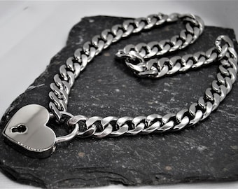 Statement Chunky Curb Link Silver Stainless Steel Heart  Padlock Necklace Silver Chunky Padlock Pendant Choker Chain And Key UK Seller