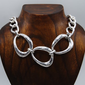Silver Statement Necklace: Chunky Abstract Chain, 925 Sterling Silver Plated, Large Oval Necklace, Large Link Silver Chain, Over sized Link