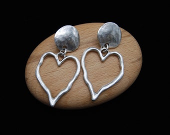 Antique Silver Drop Earrings, Dangling Silver Earrings, Heart Charm Earrings, Gift For Her, Statement Silver Earrings Heart Pushback