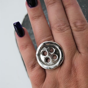 Adjustable Sterling Silver Plated Button Ring: Chunky Boho Statement