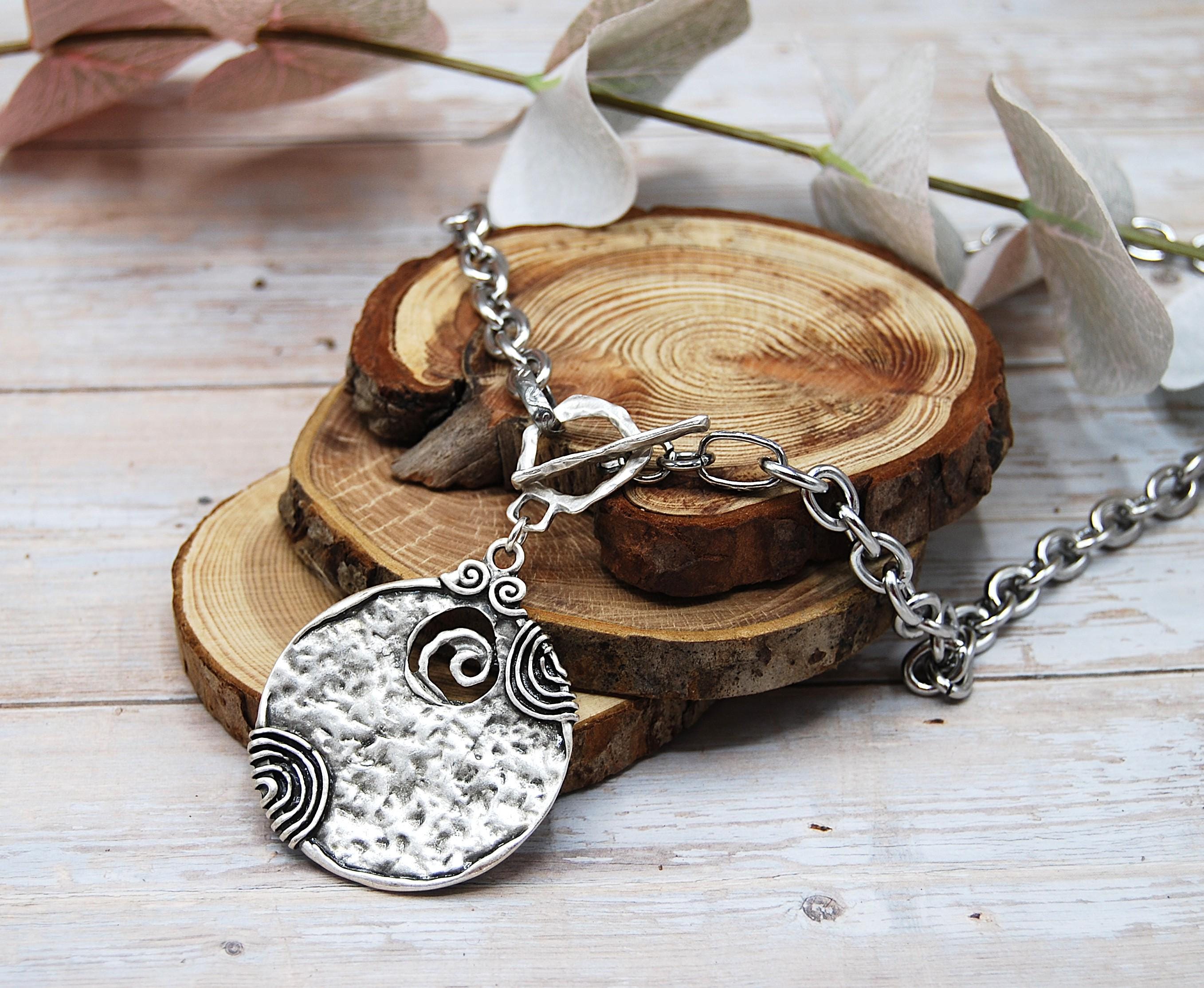 Silver Plated Statement T Bar Pendant Necklace: Tribal Toggle