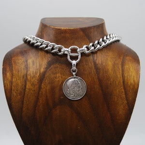 Stainless Steel Silver Coin Necklace, Silver Chunky Chain Necklace, Greek Coin Pendant, Solid Silver Necklace, Silver Toggle Necklace,