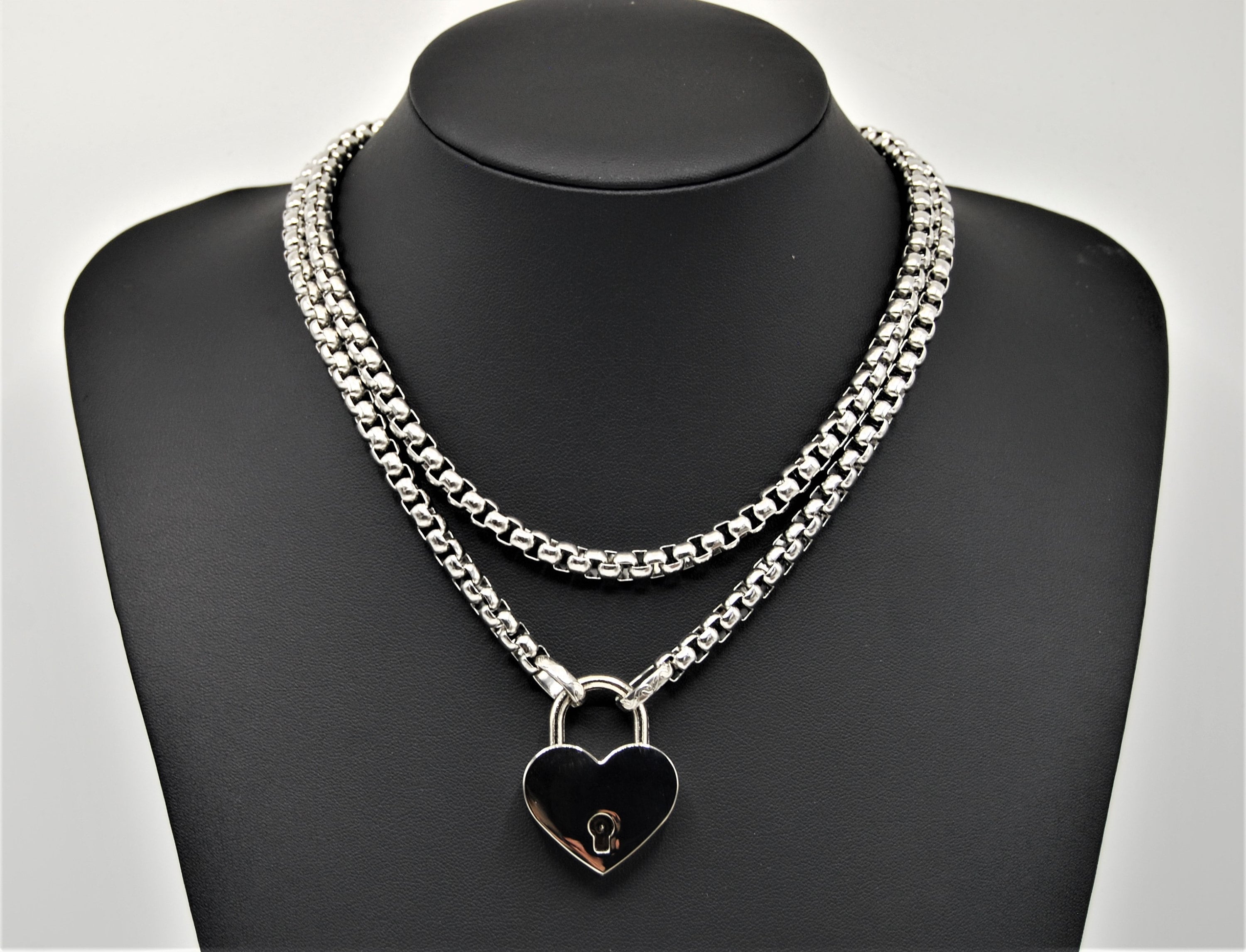 Stainless Steel Heart Padlock Necklace: Silver Box Chain Wrap