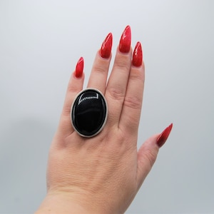 Antique Silver Black Agate Ring: Large Oval Cabochon, Adjustable Band