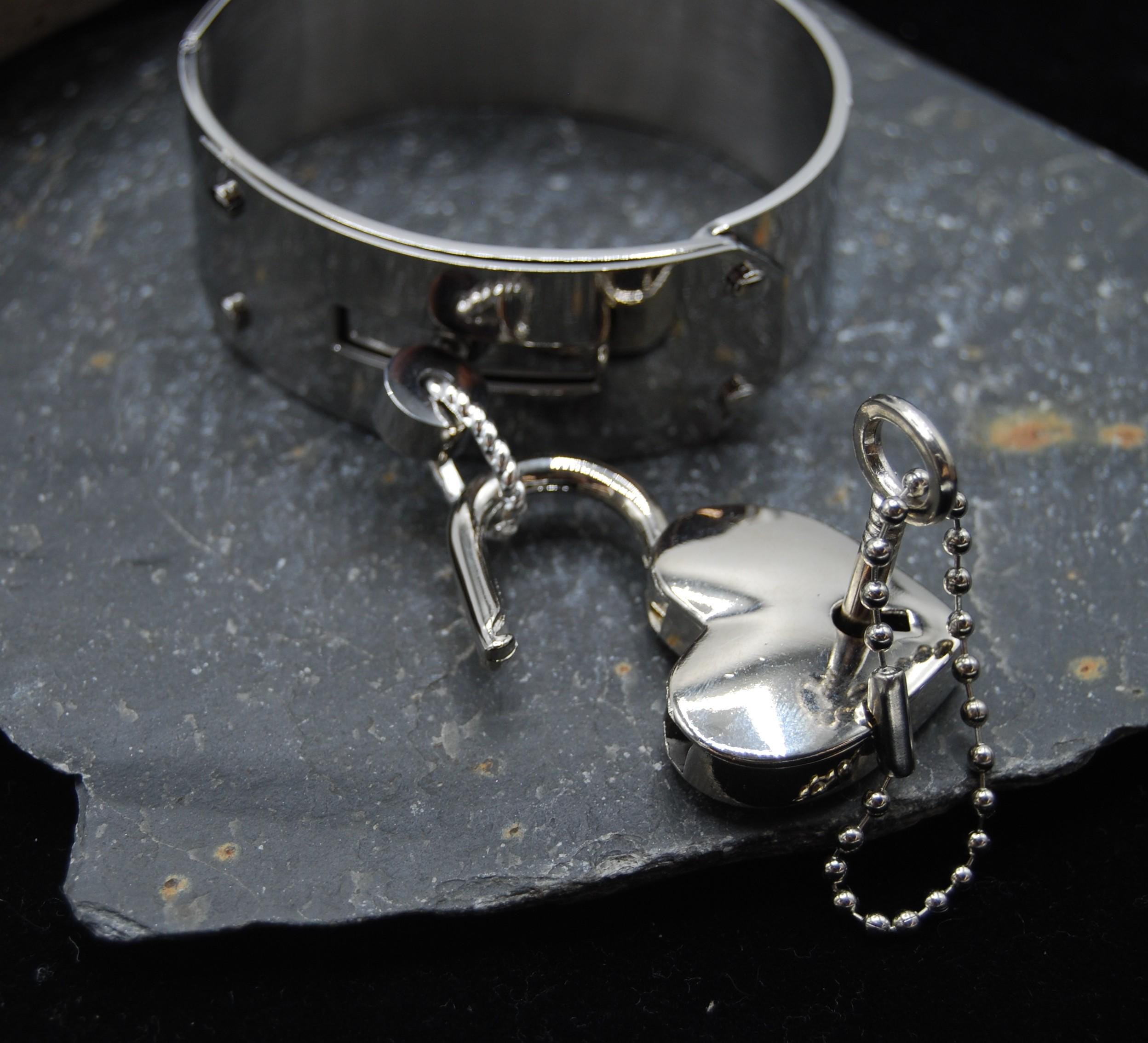 Padlock Cuff Bangle: Wide Stainless Steel Bracelet With Heart Lock