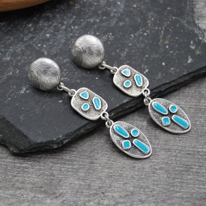 Antique Silver Turquoise Enamel Statement Earrings