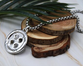 Silver Plated Button Necklace – Big Pendant, Stainless Steel Chain