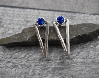 Blue Sapphire Swarovski Earrings, Crystal Earrings, Silver Statement Earrings, Pushback Earrings, Gift For Her, Silver Triangle Earrings