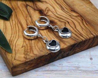 Sterling Silver Plated Black Heart Huggie Earrings – Minimalist Valentine Gift