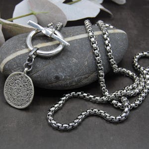 Silver Greek Coin Wrap Necklace – 100 cm Stainless Steel Box Chain image 6