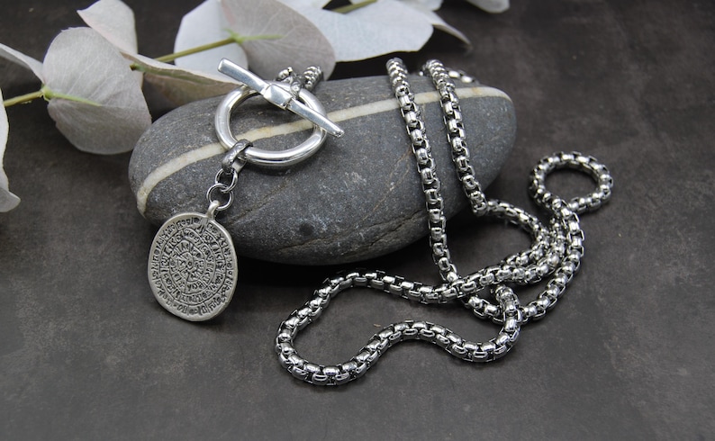Silver Greek Coin Wrap Necklace – 100 cm Stainless Steel Box Chain image 6