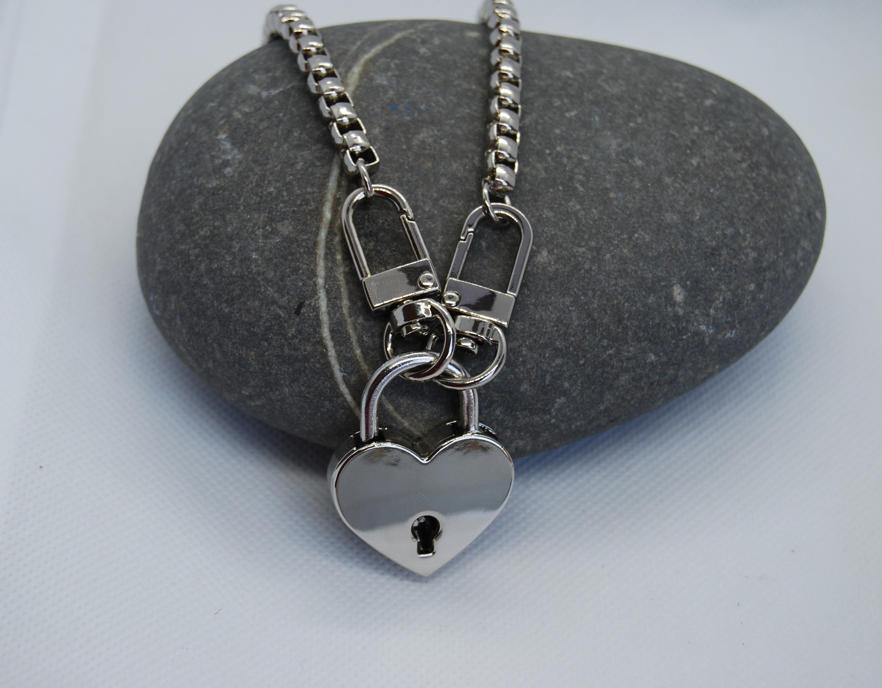 ★SENTIMENTS★ NO.480 [SILVER] HEART CODE LOCK CHAIN NECKLAC Stainless Steel Chunky Box Chain Heart Padlock Chunky Box