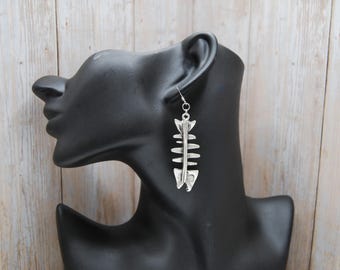 Silver Plated Fishbone Dangle Earrings: Statement Beach Jewelry