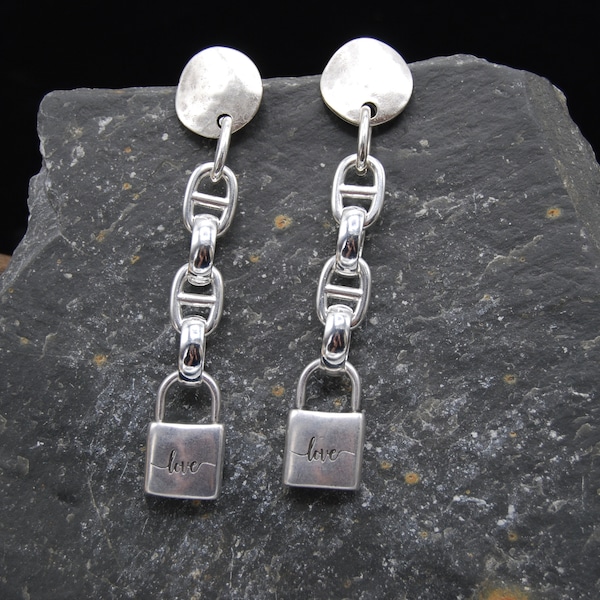 Antique Silver Earrings, Padlock Silver Earrings, Silver Love Padlock Earrings, Statement Silver Earrings, Big Silver Earrings, Gift For Her