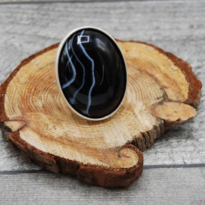 Large Black Striped Agate Silver Ring, Adjustable Antique Silver Ring, Statement Agate Ring, 40x30mm Oval Green Agate Cabochon Silver Ring