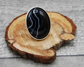 Large Black Striped Agate Silver Ring, Adjustable Antique Silver Ring, Statement Agate Ring, 40x30mm Oval Green Agate Cabochon Silver Ring