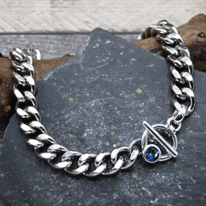 Chunky Stainless Steel Curb Chain Necklace: Blue Crystal Toggle Clasp