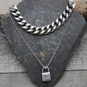 Stainless Steel Layering Necklaces, Silver Solid Chunky Curb Chain, Silver Padlock Necklace, Gift For Her, Silver Rolo Chain, Padlock Charm