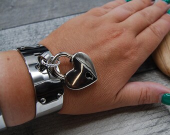 Padlock Cuff Bangle: Wide Stainless Steel Bracelet With Heart Lock