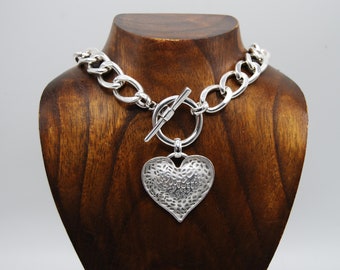 Antique Silver Chain Necklace,  Large Heart Pendant, Large Silver Toggle Clasp Necklace, Gift For Her, Heavy Chain, Large Link Necklace