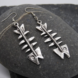 Antique Silver Fishbone Earring, Statement Silver Fish Earrings, Large Dangling Fish Earrings, Gift For Her, Striking Drop Silver Earrings
