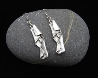 Antique Silver Crumpled Earrings, Silver Dangling Earrings, Drop Silver Statement Earrings, Boho Silver Earrings, Abstract Silver Earrings