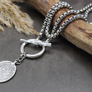 Silver Greek Coin Wrap Necklace – 100 cm Stainless Steel Box Chain image 14