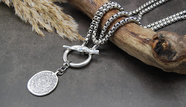 Silver Greek Coin Wrap Necklace – 100 cm Stainless Steel Box Chain image 14