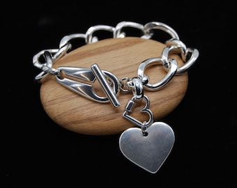 Antique Silver Bracelet, Chunky Silver Chain Bracelet, Large Silver Toggle Clasp Bracelet, Heart Bracelet, Statement Silver Bracelet