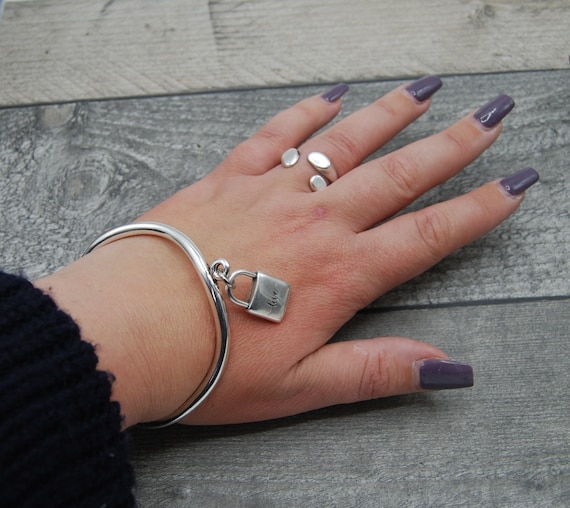 Antique Silver Padlock Bangle: Hammered Boho Stacking Bracelet