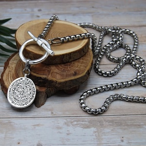 Silver Greek Coin Wrap Necklace – 100 cm Stainless Steel Box Chain image 11