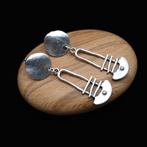 Silver Statement Drop Earrings: Geometric Tribal Design