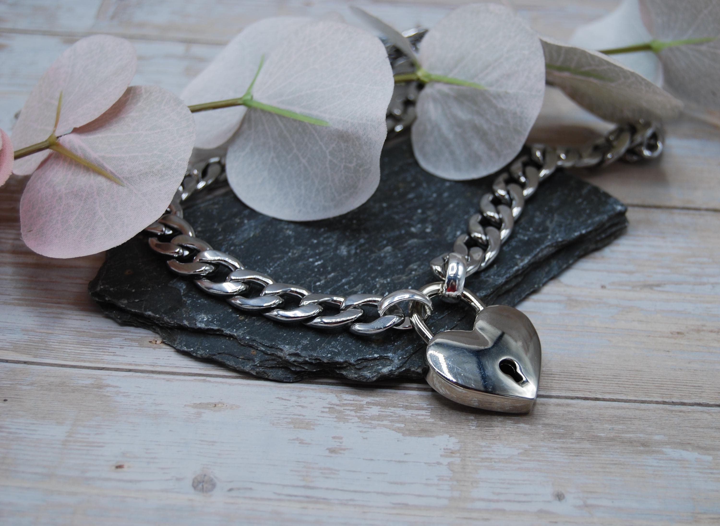 Heart Padlock Curb Chain Necklace: Stainless Steel Biker Pendant