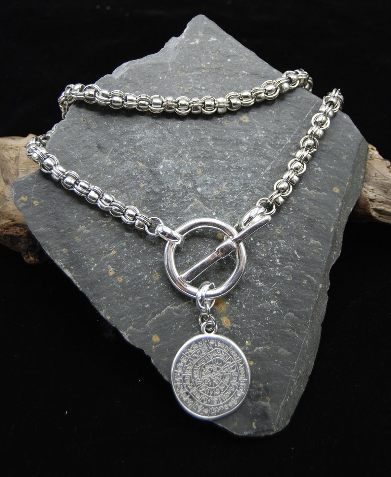 Silver Greek Coin Wrap Necklace, Statement Silver Necklace, Stainless Steel Toggle Clasp Necklace, Silver Layering Necklace, Gift For Her image 7