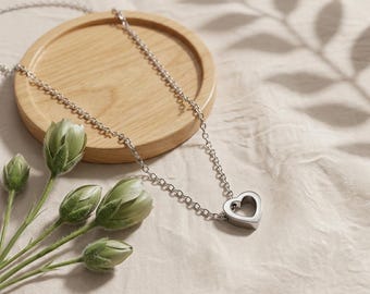 Dainty Silver Heart Necklace Stainless Steel, Minimalist Floating Heart Pendant