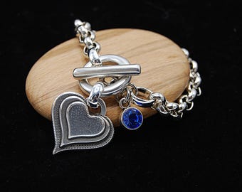 Heart Charm Bracelet: Antique Silver Plated Toggle, Aqua Crystal, Chunky