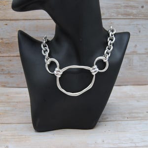 Chunky Stainless Steel Abstract Pendant Necklace:  Silver Plate Finish