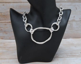 Chunky Stainless Steel Abstract Pendant Necklace:  Silver Plate Finish