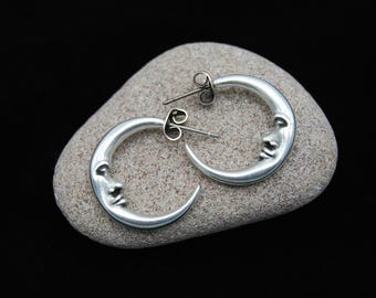 925 Sterling Silver Plated Moon Hoop Earrings, Crescent Face