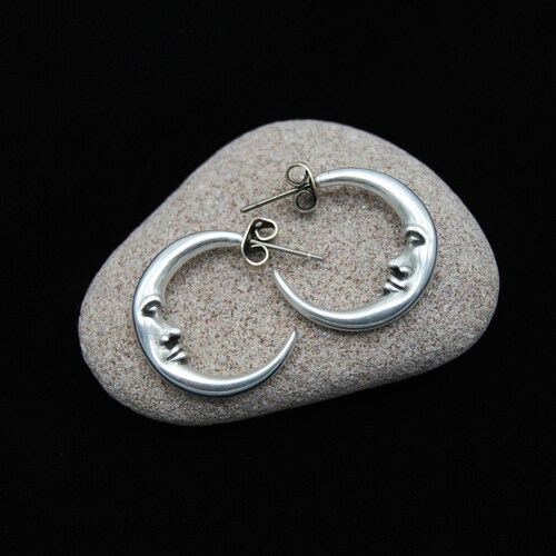 925 Sterling Silver Plated Moon Hoop Earrings, Crescent Face