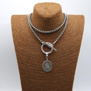 Silver Greek Coin Wrap Necklace – 100 cm Stainless Steel Box Chain
