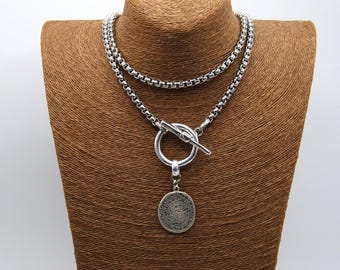 Silver Greek Coin Wrap Necklace – 100 cm Stainless Steel Box Chain