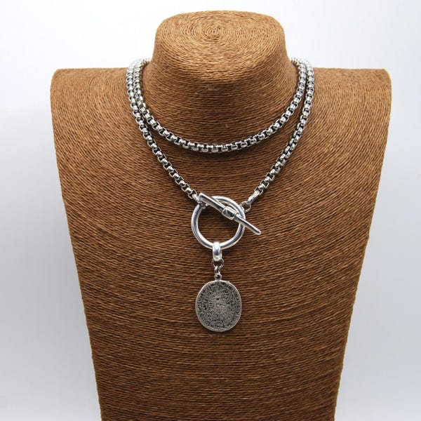 Silver Greek Coin Wrap Necklace – 100 cm Stainless Steel Box Chain