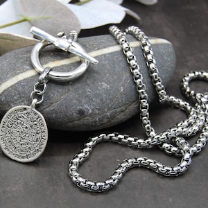 Silver Greek Coin Wrap Necklace – 100 cm Stainless Steel Box Chain image 18
