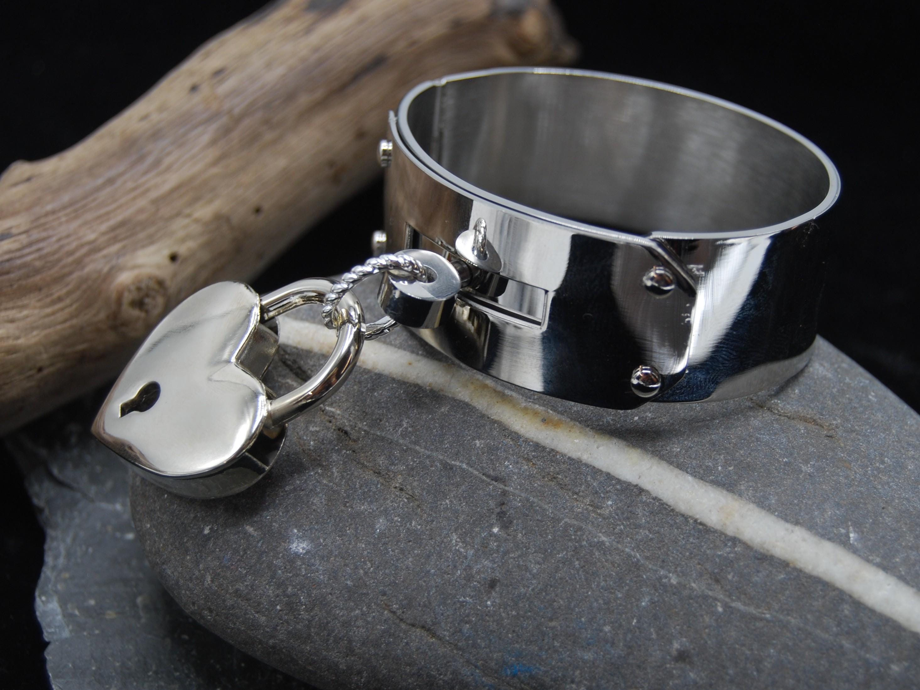 Padlock Cuff Bangle: Wide Stainless Steel Bracelet With Heart Lock