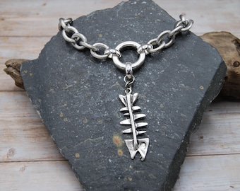 Chunky Stainless Steel Chain Necklace: Fishbone Pendant, Heavy Link