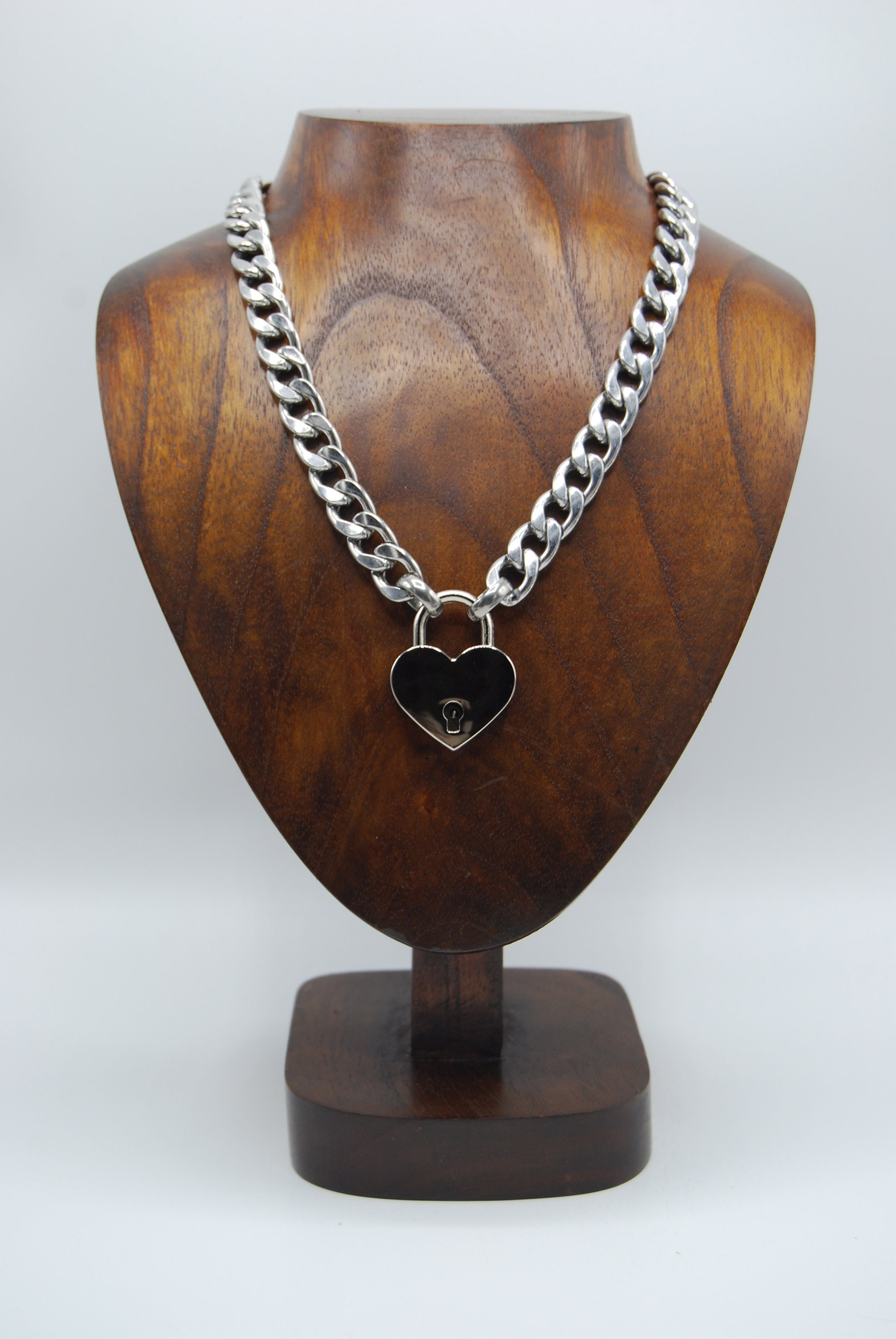 Statement Chunky Curb Link Silver Stainless Steel Heart