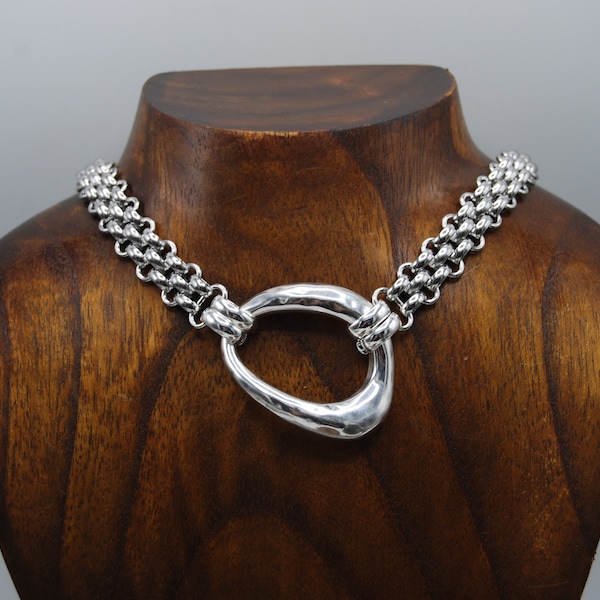 Silver Statement Necklace, Silver  Necklace, Statement Triple Link Necklace, Large Silver Pendant, Stainless Steel Chain