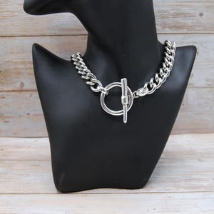 Stainless Steel Curb Chain Necklace: Chunky Silver Toggle Clasp